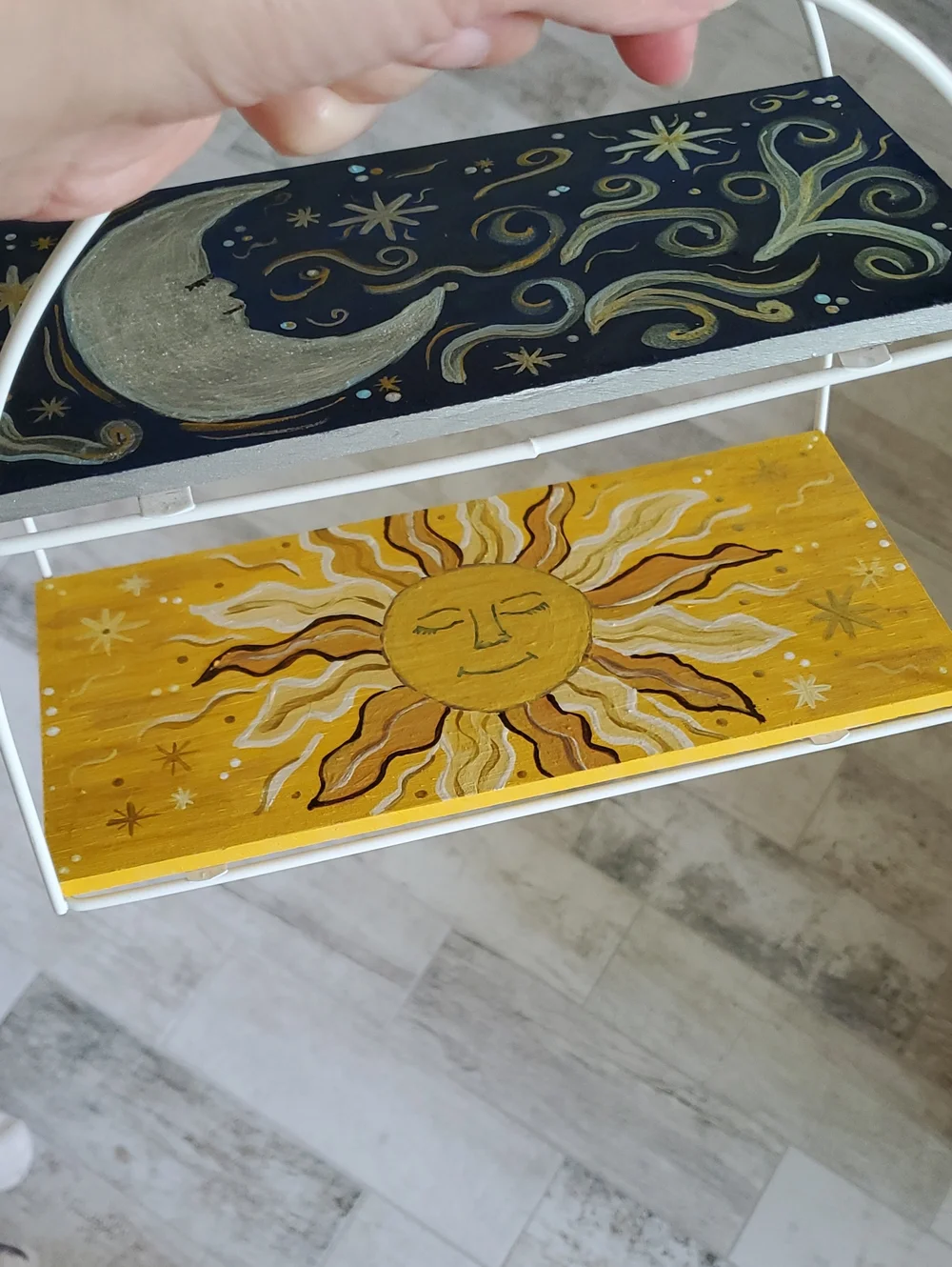 Hand Painted Sun & Moon Painted Two-Tier Wooden Home Accent Organizer Shelf